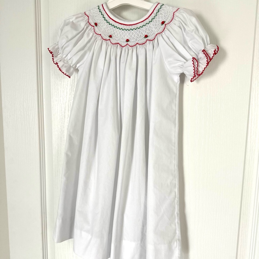 White and Red Rose Little Girl Smocked Dress 3T